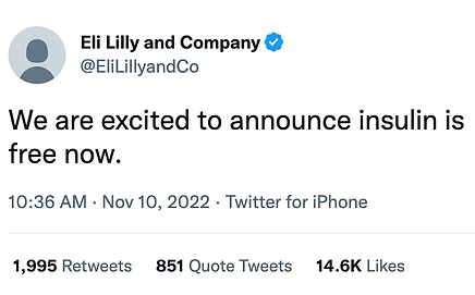@EliLillyandCo: We are excited to announce insulin is free now.